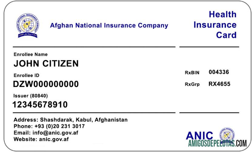 Cartão de seguro saúde da Companhia Nacional de Seguros Afegã do Afeganistão amostra